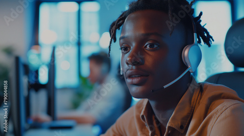 A call center agent offering reassurance and guidance to a first-time caller. Compassion, help, professionalism, team photo