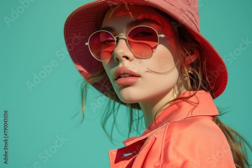 Stylish young woman in sunglasses and pink hat posing on turquoise background for stock photo