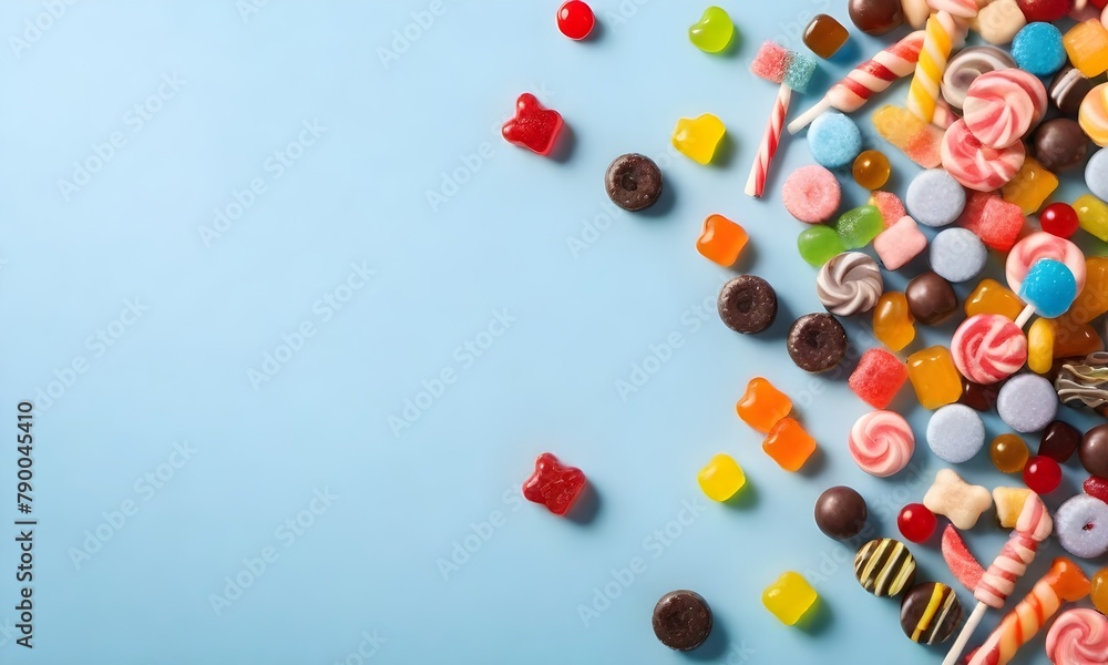 Assorted colorful candies and sweets scattered on a light blue background, including lollipops, gummy bears, and other sugary treats