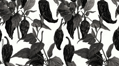 An artistic arrangement of hand drawn pepper patterns set against a backdrop of capsicums captured in black ink illustrations The vegetable silhouettes are skillfully rendered with brush st