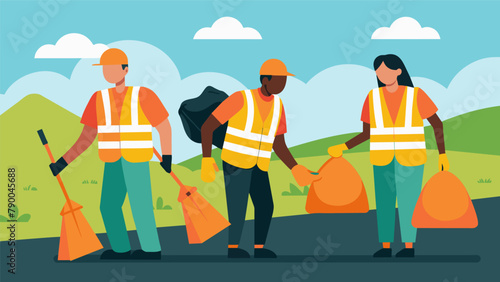 Dressed in bright orange vests volunteers picked up litter along a highway as part of a roadside cleanup project. They took pride in