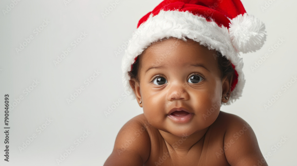 Portrait of an african-american baby with a christmas hat on white studio background Portrait of an african-american baby with a christmas hat on white studio background