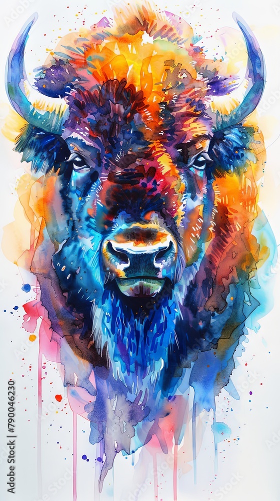 Artistic watercolor bison portrait design in colorful. Wild animal buffalo drawing