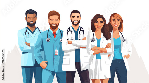 Medical team of doctors and nurses standing together. Vector flat cartoon illustration