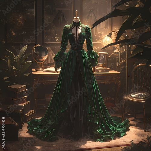 Vintage-Inspired Gown in Deep Emerald Green on Display