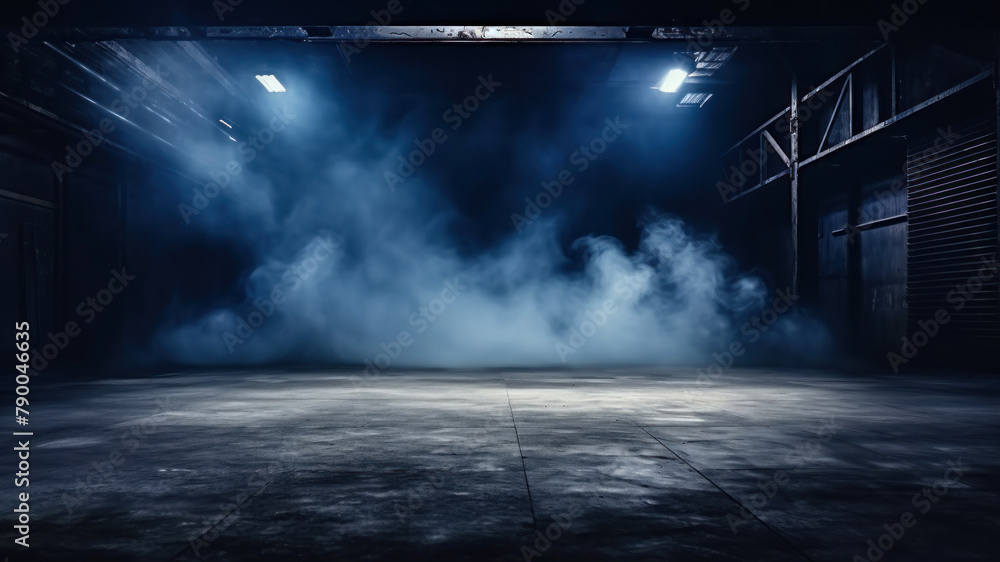 Empty warehouse interior with smoke, fog and lights.