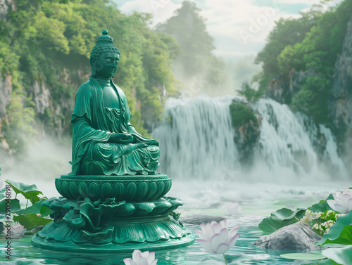 buddha statue on a waterfall zen garden background, spirituality and meditation, peace and love, buddhism philosophy, tradition and teachings
