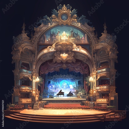Luxurious Theatre Stage with Golden Chandeliers and Crystal Ceiling
