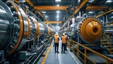 Team of maintenance workers inspecting a massive industrial machine with meticulous precision at factory. Generative AI.