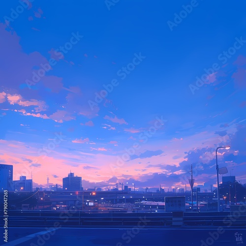 A tranquil urban scene bathed in the warm hues of a sunset, with silhouetted buildings and a bridge under a vast sky.