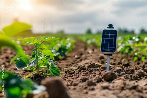A smart sensor monitoring the moisture level of soil in a field, illustrating modern farming practices.