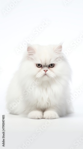 A white Persian cat is sitting on a white background looking at the camera with an annoyed expression on its face.