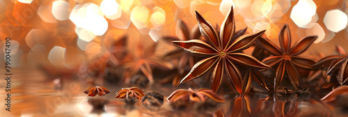 Close up of Aromatic anise stars on shining surface with shiny bokeh background.