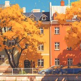Autumn Delights: Colorful Townhouses and Radiant Leaves