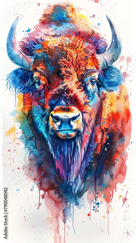 Sketchy bison portrait wallpaper in watercolor colorful desing isolated . photo