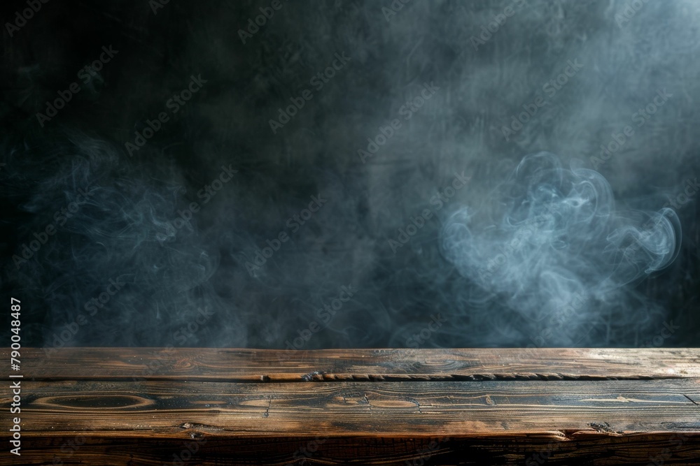 Smoke rising from empty wooden table on dark background - product display space. Beautiful simple AI generated image in 4K, unique. Smoke rising from empty wooden table on dark background - product display space. Beautiful simple AI generated image in 4K, unique.