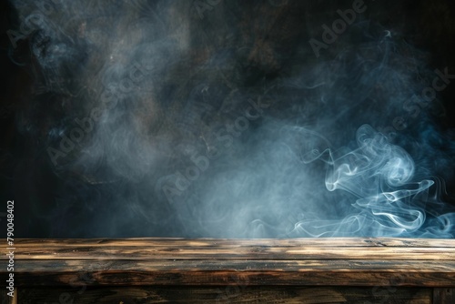 Smoke rising from empty wooden table on dark background - product display space. Beautiful simple AI generated image in 4K  unique.