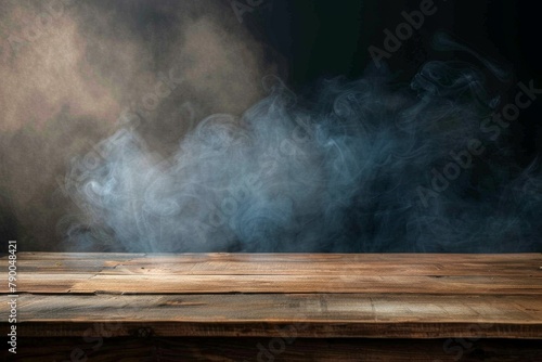 Smoke rising from empty wooden table on dark background - product display space. Beautiful simple AI generated image in 4K, unique.