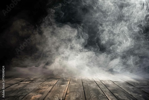 Smoke rising from empty wooden table on dark background - product display space. Beautiful simple AI generated image in 4K, unique.