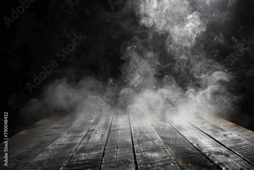 Misty Atmosphere - Fog and Haze Over Wooden Surface - Abstract Halloween Background. Beautiful simple AI generated image in 4K, unique. photo