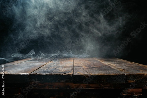 Misty Atmosphere - Fog and Haze Over Wooden Surface - Abstract Halloween Background. Beautiful simple AI generated image in 4K, unique.