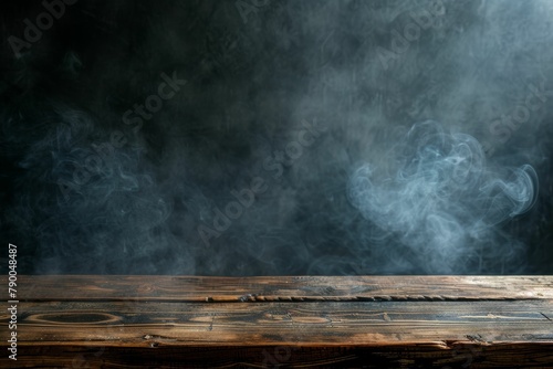 Smoke rising from empty wooden table on dark background - product display space. Beautiful simple AI generated image in 4K, unique.