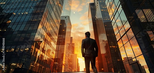 A businessman looks back at the buildings, realistic photo photo