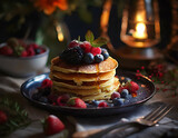 A large plate of golden pancakes, generously topped with honey and sprinkled with fresh berries.
