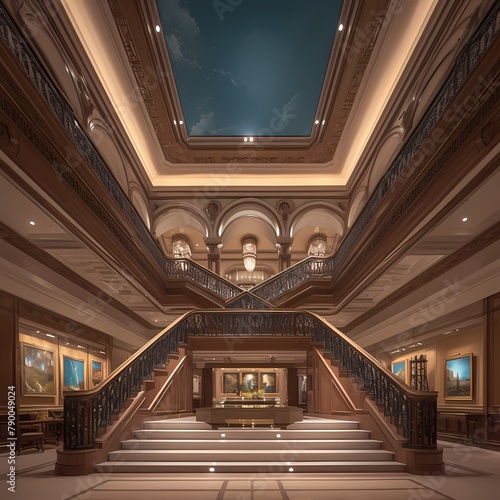 Elegant Staircase to Art Gallery - Grand Foyer with Chandeliers