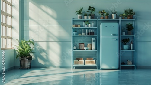 The refrigerator is in the room, with a storage rack next to it, which contains various boxes. The background wall is light blue. Generative AI.