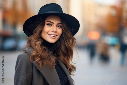 young woman wearing hat and standing at city street © Niks Ads