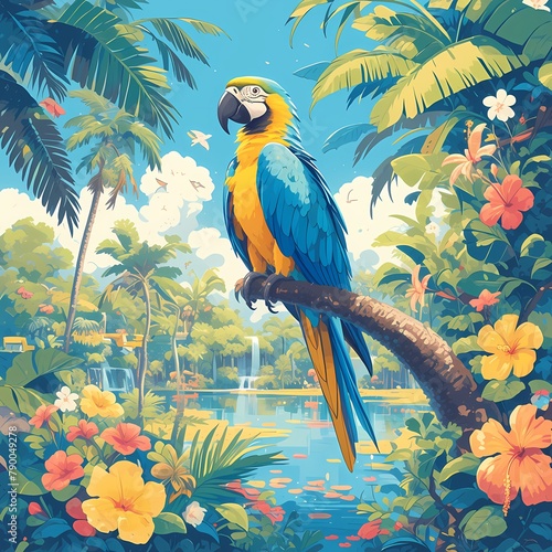 Lush Tropical Paradise with Colorful Parrot Sitting on Branch near Waterfall and Palm Trees