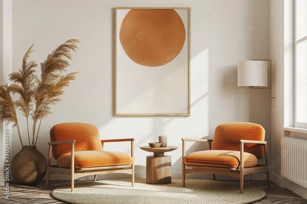 Modern interior design with two orange armchairs and a large poster on the wall. Minimalistic home decor Modern interior design with two orange armchairs and a large poster on the wall. Minimalistic home decor