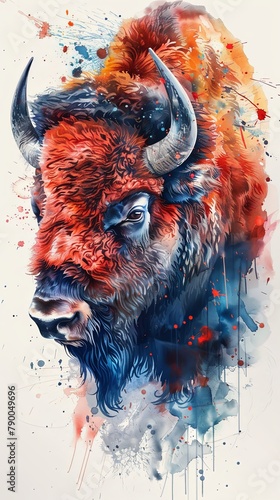 Bison poster design vertical portrait of wild animal in watercolor drawing photo