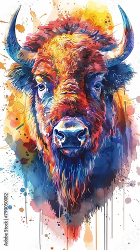 Bison poster design vertical portrait of wild animal in watercolor drawing photo