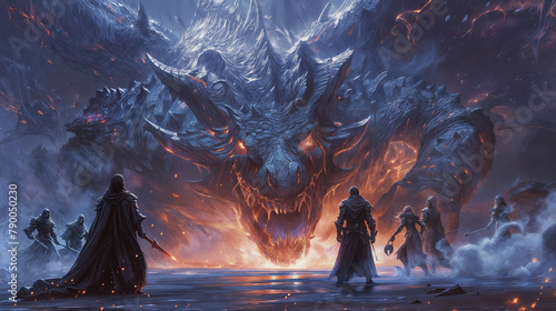 A group of fantasy adventurers are confronted by a large dragon or beast