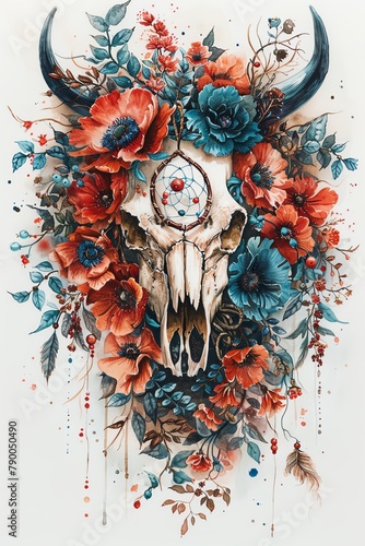 Charming portrayal of a mystical dreamcatcher the animal skull entwined with watercolor flowers for a magical effect.