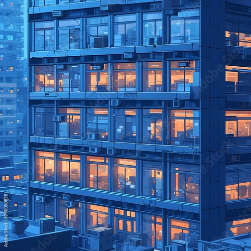 Chic Urban Business Scene with Luminous Offices and Towering Skyscrapers at Dusk