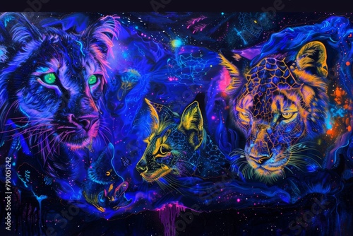 This stunning artwork blends wild felines with cosmic elements, perfect for imaginative and spiritual themes. © Rade Kolbas