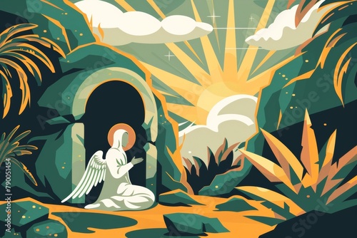 An artistic portrayal of an angel at a tomb's entrance with a radiant dawn, evoking a sense of new beginnings and inspiration.