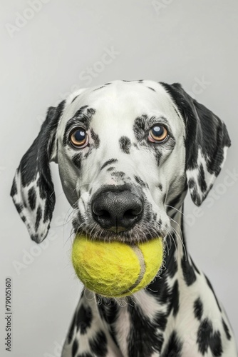 Dalmatian dog holding tennis ball in mouth against white background, playful canine with toy