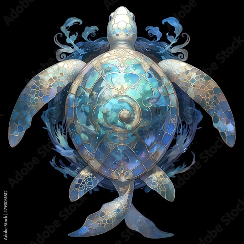 Beautiful Sea Turtle Mosaic with Intricate Blue-Green Design - Perfect for Advertising, Nature, and Lifestyle Imagery photo