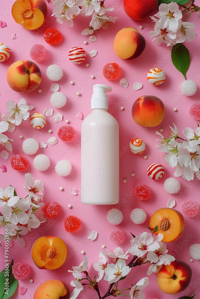 Bottle mockup and peaches around it on a pink background. Created with Ai technology. Bottle mockup and peaches around it on a pink background. Created with Ai technology.