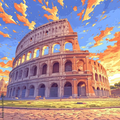 Awe-inspiring Rome Colosseum at sunset with vibrant sky and dramatic perspective.