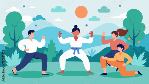 An image of a group of people practicing martial arts in a serene outdoor setting accompanied by a description of how the sense of community