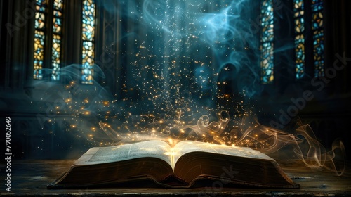 An open magic book with European patterns, healing style, fantasy, nothing in the background, dark background, 3D. Generative AI.