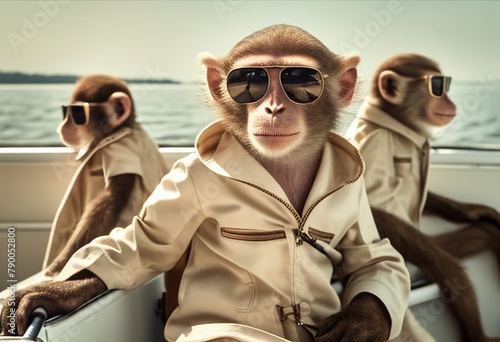 Funny monkeys in jackets and sunglasses traveling on a yacht. AI Generated