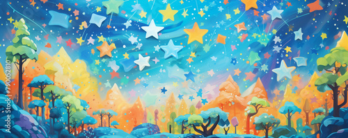 A painting of a forest with a sky full of stars