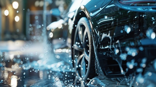 The Art of the Wash: A mesmerizing close-up of water spray and soap suds cleaning a car..