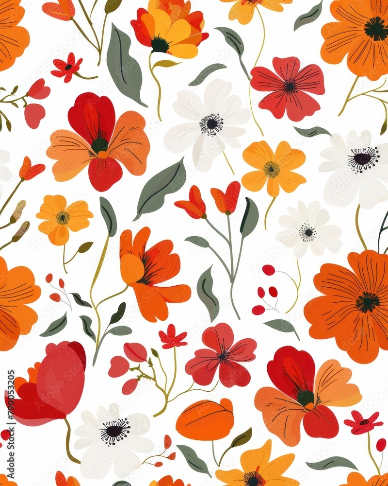 Seamless vibrant floral pattern with red, orange and white flowers on a white background, ideal for textiles and packaging design Seamless vibrant floral pattern with red, orange and white flowers on a white background, ideal for textiles and packaging design